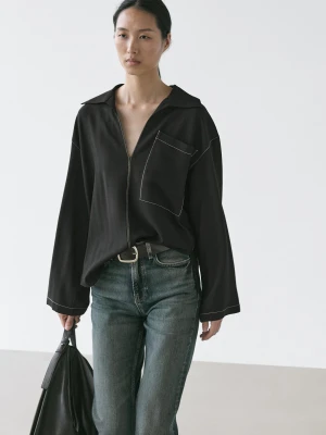 Luźna Koszula Wierzchnia Z Mieszanki Wełny Z Ozdobną Kieszenią - Czarny - - Massimo Dutti - Kobieta