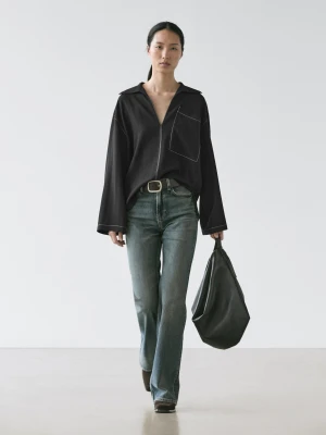Luźna Koszula Wierzchnia Z Mieszanki Wełny Z Ozdobną Kieszenią - Czarny - - Massimo Dutti - Kobieta