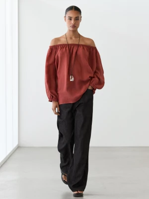 Luźna Koszula Z Dekoltem Łódka - Ceglany - Xs-S - Massimo Dutti - Kobieta