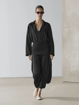 Luźna Koszula Z Dekoltem W Serek Z Mieszanki Bawełny - Brązowy - - Massimo Dutti - Kobieta