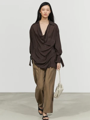 Luźna Koszula Z Drapowanym Dekoltem Ze 100% Jedwabiu - Brązowy - Massimo Dutti - Female