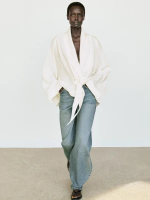 Luźna Koszula Z Lnu Z Wiązaniem - Biały - Massimo Dutti - Female