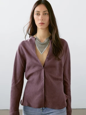 Luźna Koszula Z Lnu Ze Stójką - Fioletowy - - Massimo Dutti - Kobieta