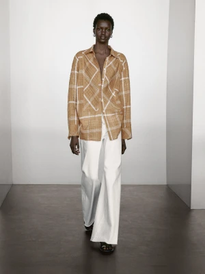 Luźna Koszula Z Mieszanki Lnu W Kratę - Żółty Musztardowy - - Massimo Dutti - Female