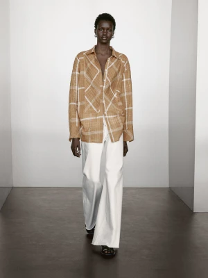 Luźna Koszula Z Mieszanki Lnu W Kratę - Żółty Musztardowy - - Massimo Dutti - Kobieta