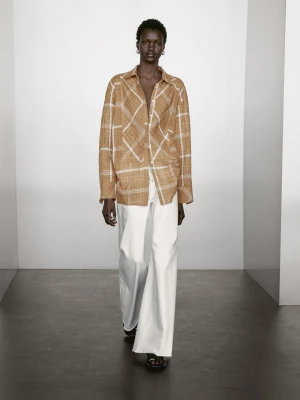 Luźna Koszula Z Mieszanki Lnu W Kratę - Żółty Musztardowy - - Massimo Dutti - Kobieta