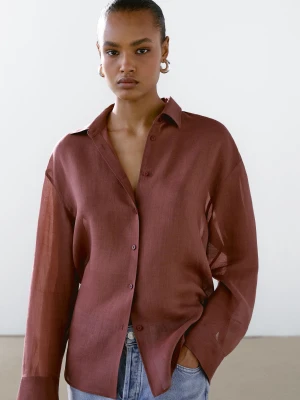 Luźna Koszula Z Mieszanki Ramii - Różowy - - Massimo Dutti - Kobieta