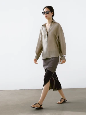 Luźna Koszula Z Mieszanki Ramii - Szarobrązowy - - Massimo Dutti - Kobieta