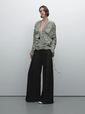 Luźna Bluzka Z Marszczeniem - Studio - Zielony - - Massimo Dutti - Kobieta