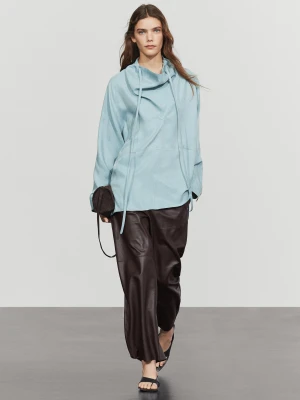 Luźna Koszula Z Podwyższonym Kołnierzem I Wiązaniem - Szaroniebieski - Massimo Dutti - Female