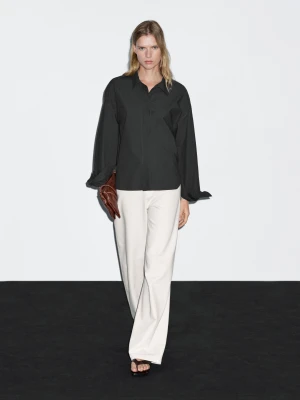 Luźna Koszula Ze 100% Bawełnianej Popeliny - Szary/Niebieski - - Massimo Dutti - Kobieta