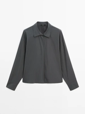 Luźna Koszula Ze 100% Bawełnianej Popeliny - Szary/Niebieski - - Massimo Dutti - Kobieta