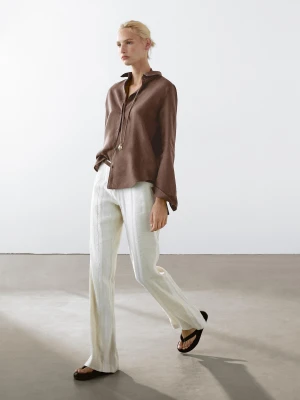 Luźna Koszula Ze 100% Lnu - Brązowy - - Massimo Dutti - Kobieta