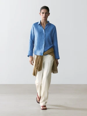 Luźna Koszula Ze 100% Lnu - Niebieski - - Massimo Dutti - Kobieta