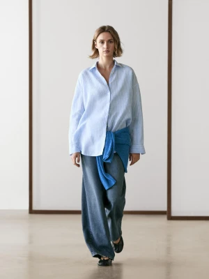 Luźna Koszula Ze 100% Lnu W Paski - Błękitny - - Massimo Dutti - Kobieta