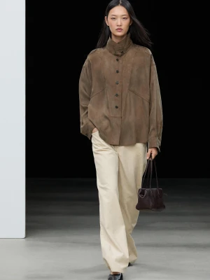 Luźna Koszula Ze Stójką I Nakładaną Plisą Z Przodu - Szarobrązowy - Massimo Dutti - Female