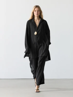 Luźna Koszula Ze Stójką Z Lnem - Czarny - - Massimo Dutti - Kobieta