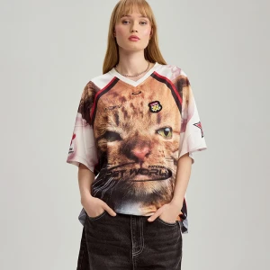 Luźna koszulka z nadrukiem kota i napisem pet world House