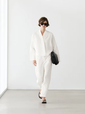 Luźna Lniana Bluzka Z Dekoltem Kopertowym - Biały - - Massimo Dutti - Kobieta