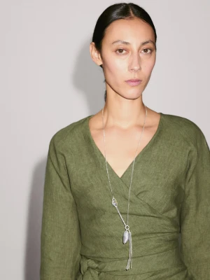 Luźna Lniana Bluzka Z Wiązaniem W Talii - Zielony - - Massimo Dutti - Kobieta