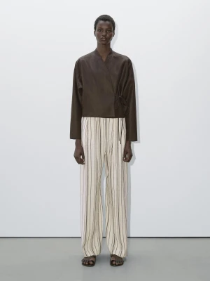 Luźna Lniana Koszula Z Wiązaniem − Studio - Czekoladowy - - Massimo Dutti - Kobieta