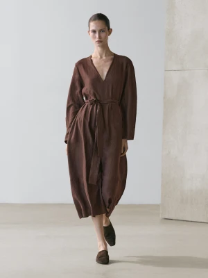 Luźna Lniana Sukienka Średniej Długości Z Paskiem - Brązowy - - Massimo Dutti - Kobieta