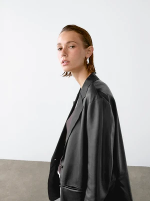 Luźna Marynarka Z Zamszowej Skóry - Czarny - - Massimo Dutti - Kobieta