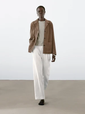 Luźna Marynarka Z Zamszowej Skóry - Szarobrązowy - - Massimo Dutti - Kobieta