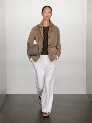 Luźna Marynarka Z Zamszowej Skóry - Szarobrązowy - - Massimo Dutti - Kobieta
