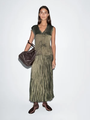 Luźna Plisowana Spódnica Średniej Długości - Oliwkowy - - Massimo Dutti - Kobieta