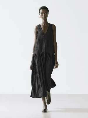 Luźna Plisowana Sukienka Średniej Długości - Czarny - - Massimo Dutti - Kobieta