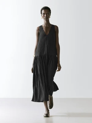 Luźna Plisowana Sukienka Średniej Długości - Czarny - - Massimo Dutti - Kobieta