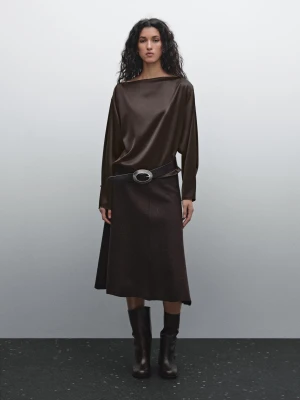 Luźna Satynowa Bluzka - Brązowy - - Massimo Dutti - Kobieta