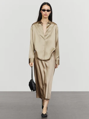 Luźna Satynowa Koszula - Beżowy - Massimo Dutti - Female