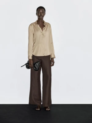 Luźna Satynowa Koszula - Beżowy - - Massimo Dutti - Kobieta