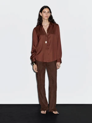 Luźna Satynowa Koszula - Brązowy - - Massimo Dutti - Female