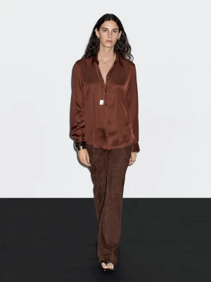 Luźna Satynowa Koszula - Brązowy - - Massimo Dutti - Kobieta