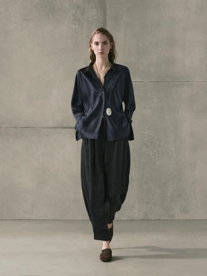 Luźna Satynowa Koszula - Ciemnoniebieski - - Massimo Dutti - Kobieta