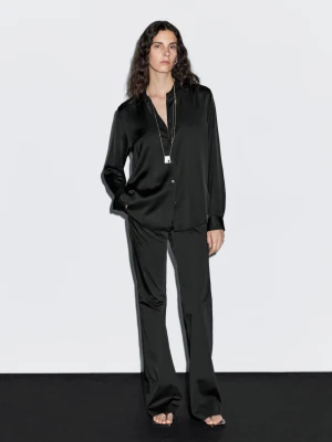 Luźna Satynowa Koszula - Czarny - - Massimo Dutti - Kobieta