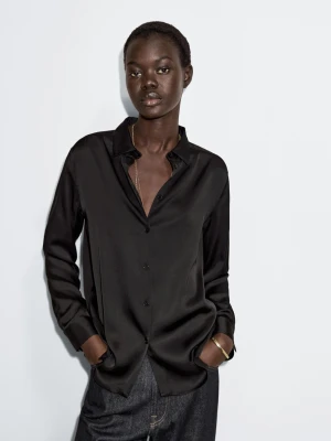 Luźna Satynowa Koszula - Czarny - - Massimo Dutti - Kobieta
