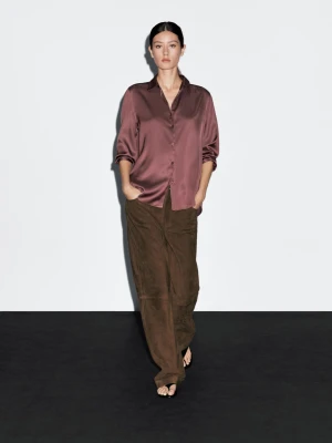 Luźna Satynowa Koszula - Różowy - - Massimo Dutti - Kobieta