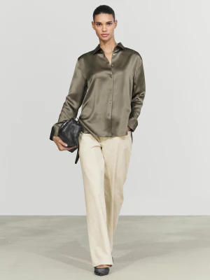 Luźna Satynowa Koszula - Szarawozielony - Massimo Dutti - Female