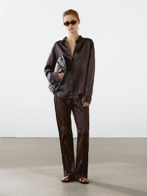Luźna Satynowa Koszula Z Długim Rękawem - Bordowy - - Massimo Dutti - Kobieta