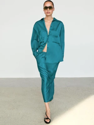 Luźna Satynowa Koszula Z Kieszeniami - Zielono-Niebieski - Massimo Dutti - Female