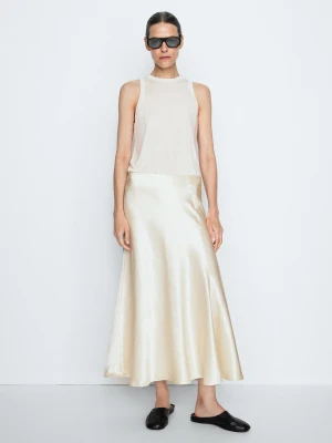 Luźna Satynowa Spódnica Midi - Studio - Beżowy - Massimo Dutti - Female