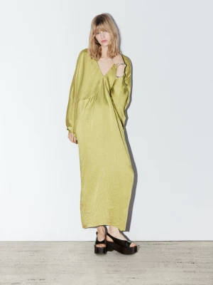 Luźna Satynowa Sukienka Kimono − Studio - Limonka - Xs-S - Massimo Dutti - Kobieta