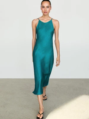Luźna Satynowa Sukienka Średniej Długości - Niebieski - Massimo Dutti - Female