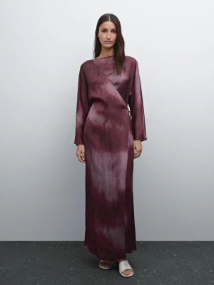 Luźna Satynowa Sukienka Z Nadrukiem - Bordowy - - Massimo Dutti - Kobieta