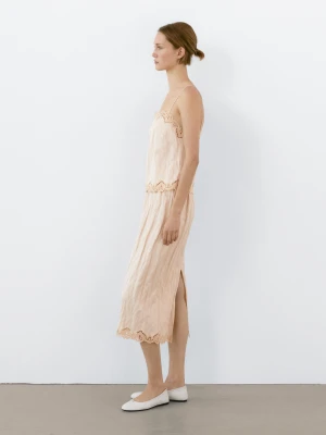 Luźna Spódnica Średniej Długości Z Koronką - Waniliowy - - Massimo Dutti - Kobieta