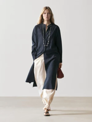 Luźna Sukienka Koszulowa Średniej Długości - Niebieski - - Massimo Dutti - Kobieta